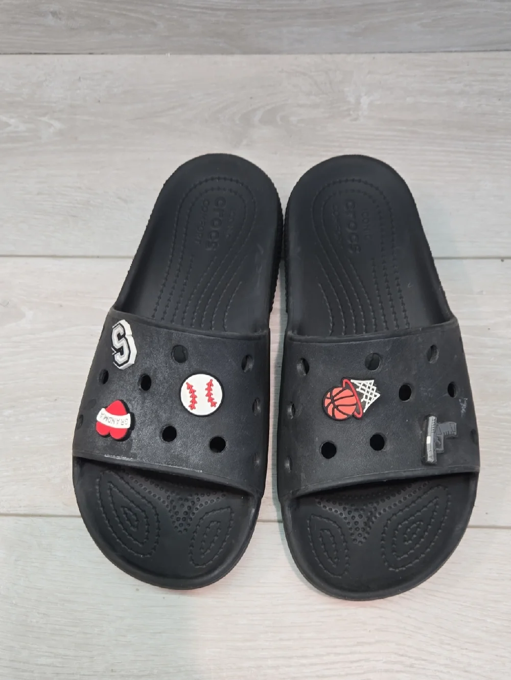 Crocs Women Black Slide Sandals with Sport Charms Flats Shoes Sz W12 M10